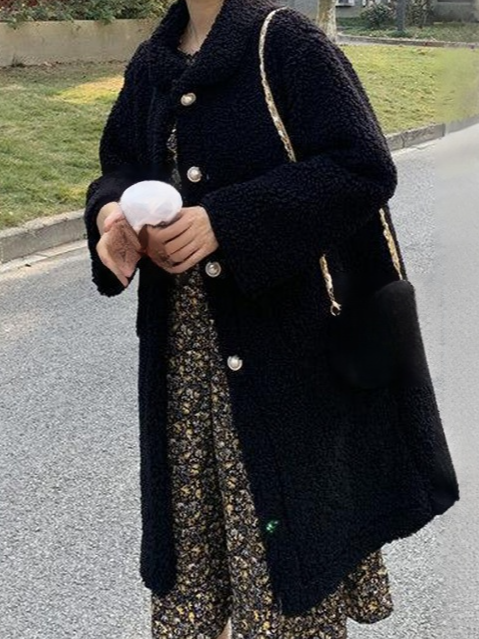 【시리즈 가방 증정】 소프트 소녀 두꺼운 모피 일체형 램스울 코트