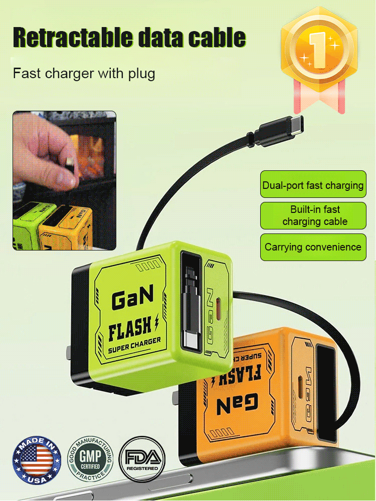 Comes with retractable data cable and plug for fast charging