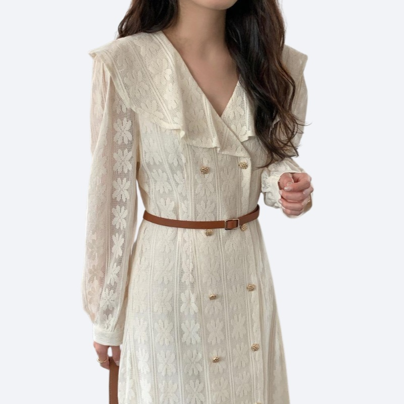 Lace hook flower V-neck ruffle edge dress