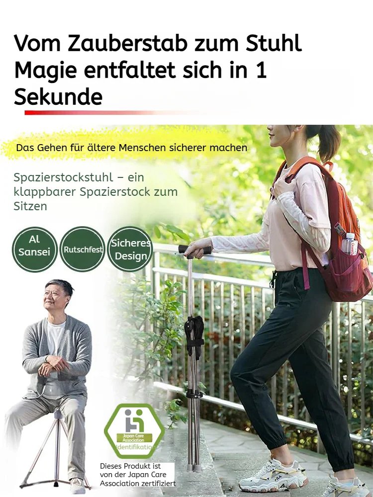 【Leichter Gehstock】In 1 Sekunde zu einem Stuhl entfaltet, trägt bis zu 150 kg.