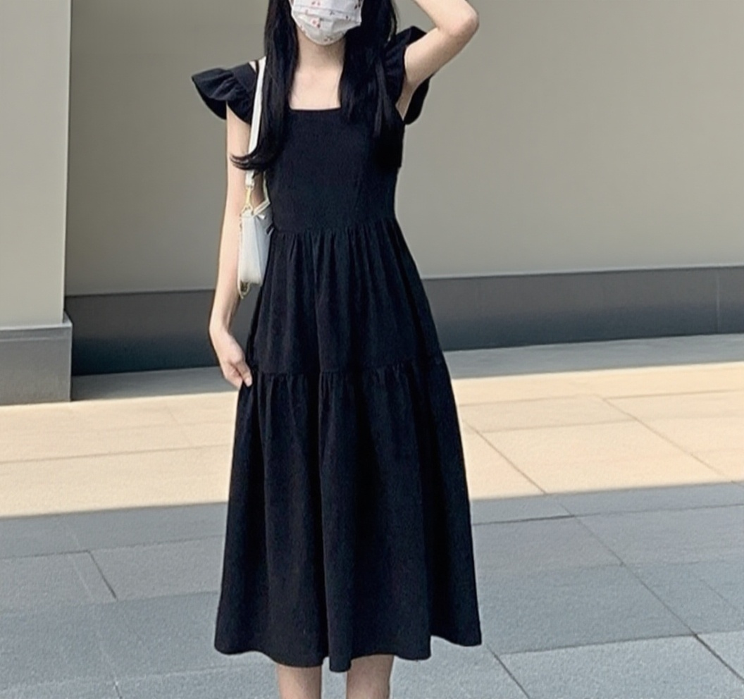 여름 티타임 편안한 슬림 원피스 여성 첫사랑 소매 햅번 블랙 롱스커트