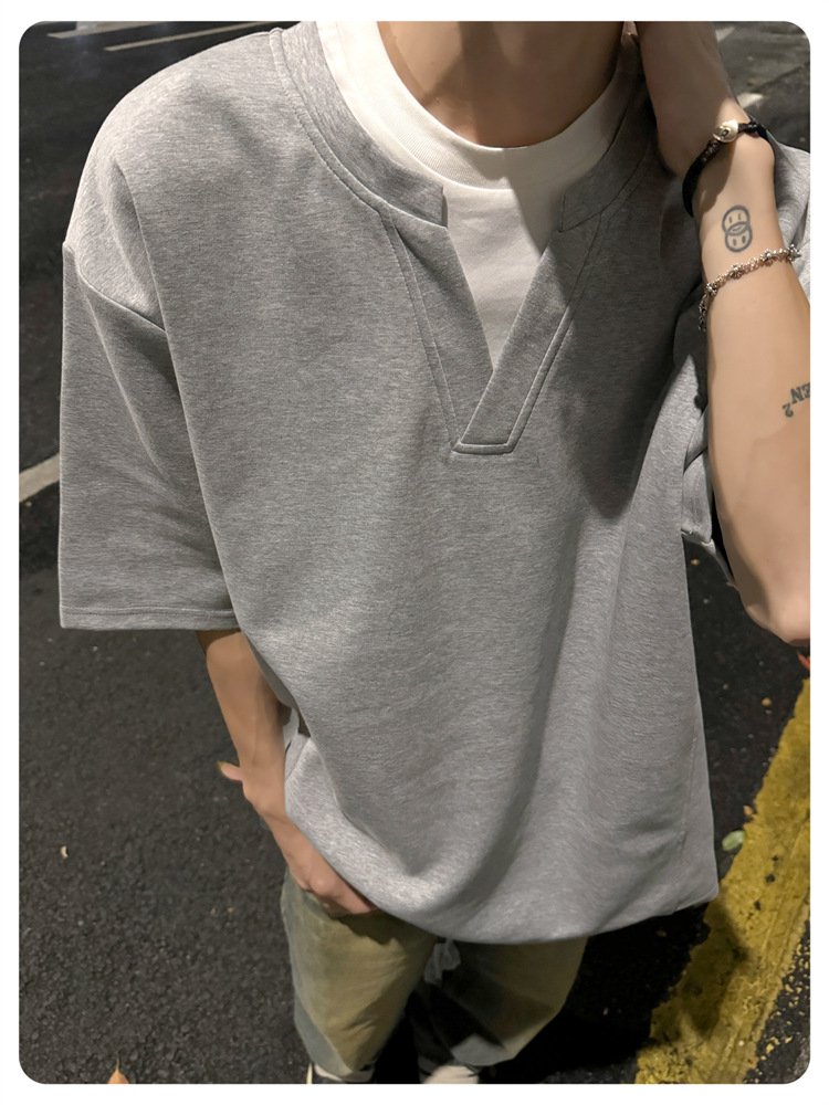 メンズ夏用コントラストカラーフェイクツーピース半袖Tシャツ正面画像