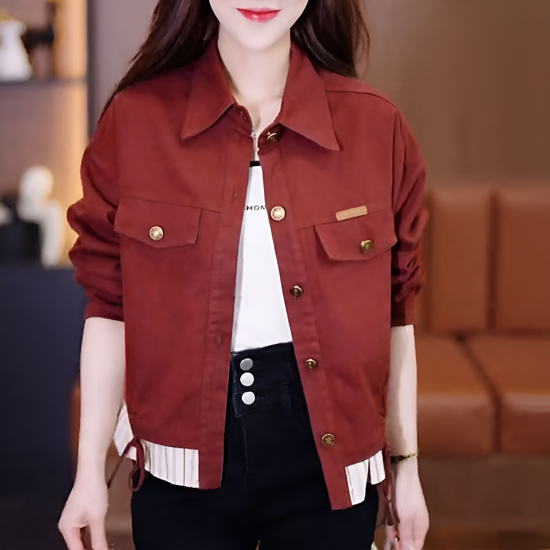 เสื้อแจ็คเก็ตสั้นเย็บต่อแฟชั่นแมทช์ง่ายดูผอม 