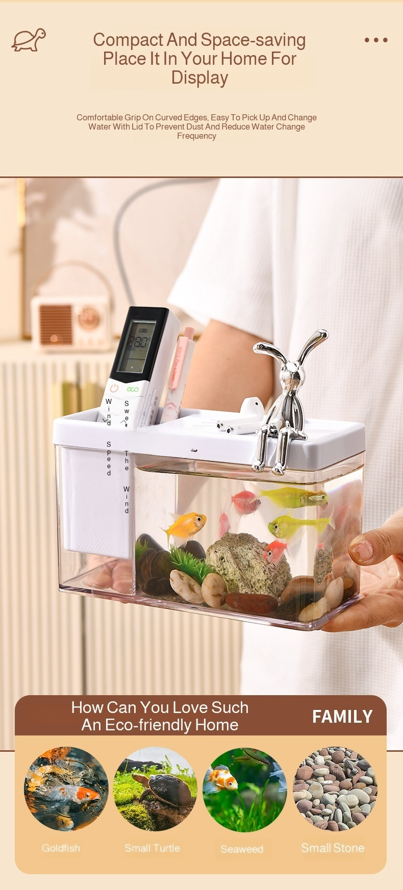 Compact mini fish tank with decorative plants