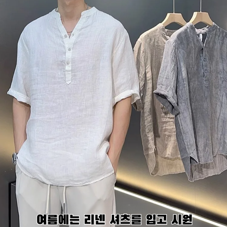 남자 여름 루즈핏 린넨 반팔 셔츠 중국 빈티지 브이넥 5부 캐주얼 셔츠 셔츠 여름 린넨 반팔 루즈핏 셔츠