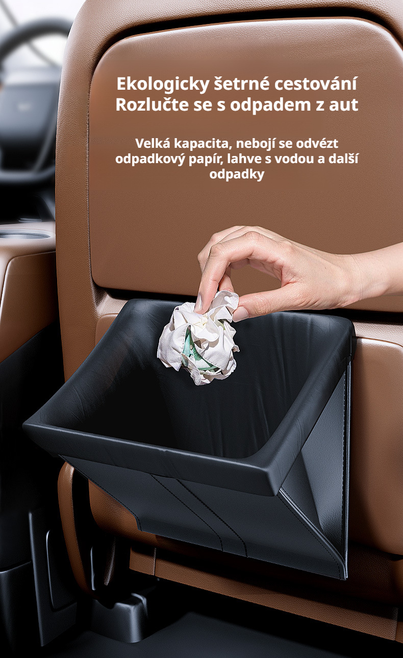 Praktický odpadkový koš zavěšený na zadní straně sedadla v autě