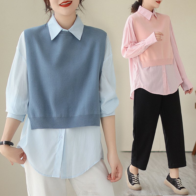 新作 ゆったりストライプシャツ ニットベスト付き ツーピーススーツ 女性用