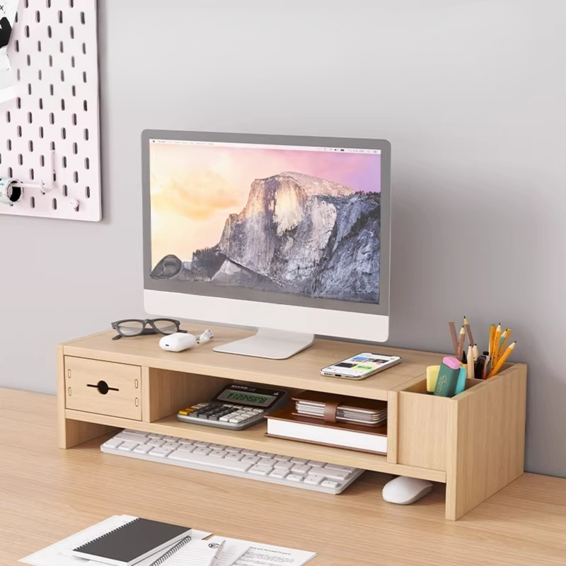 Monitor stand with keyboard storage and drawer