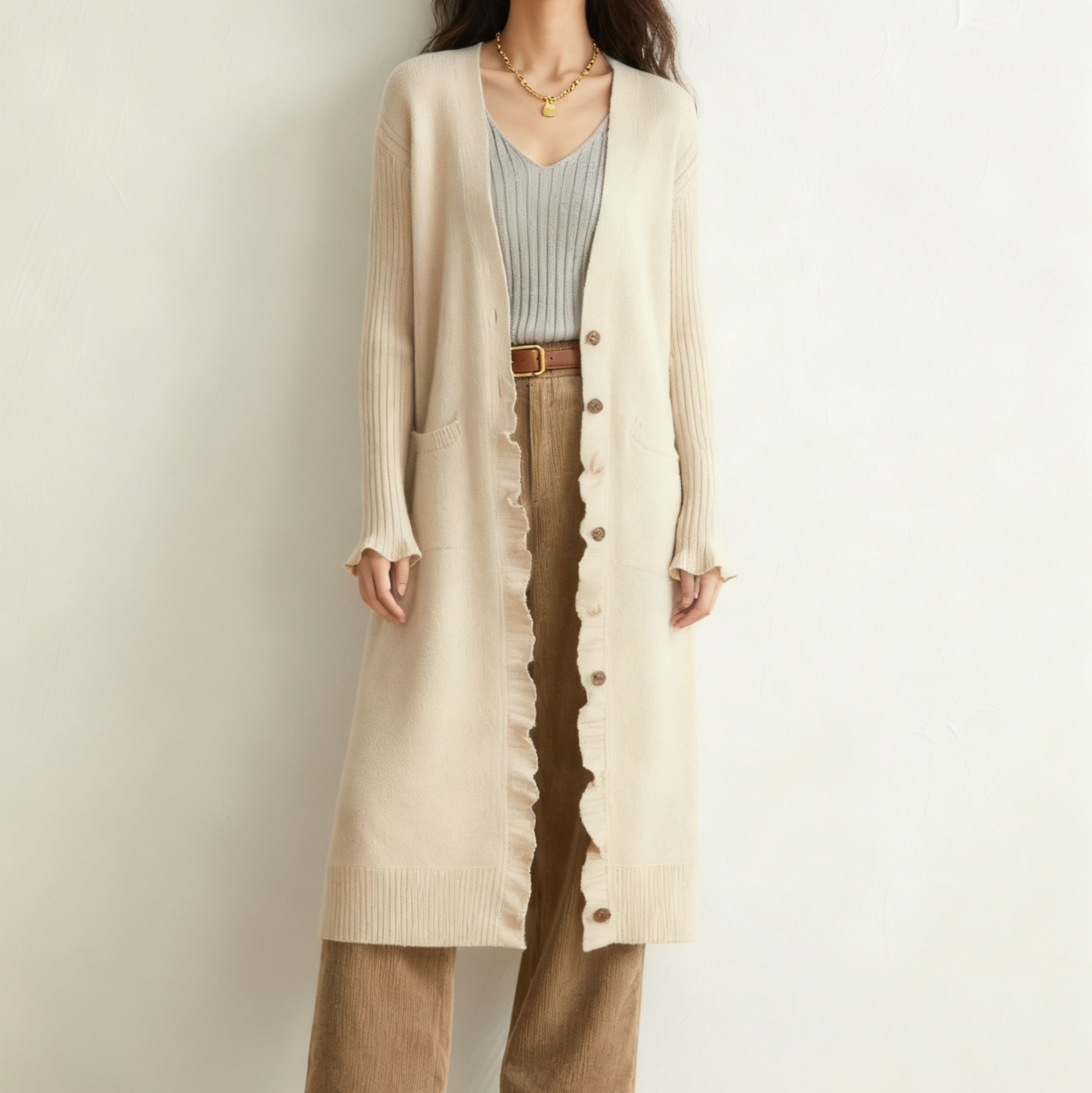 여성 스타일리시 러플 롱 오픈 가디건