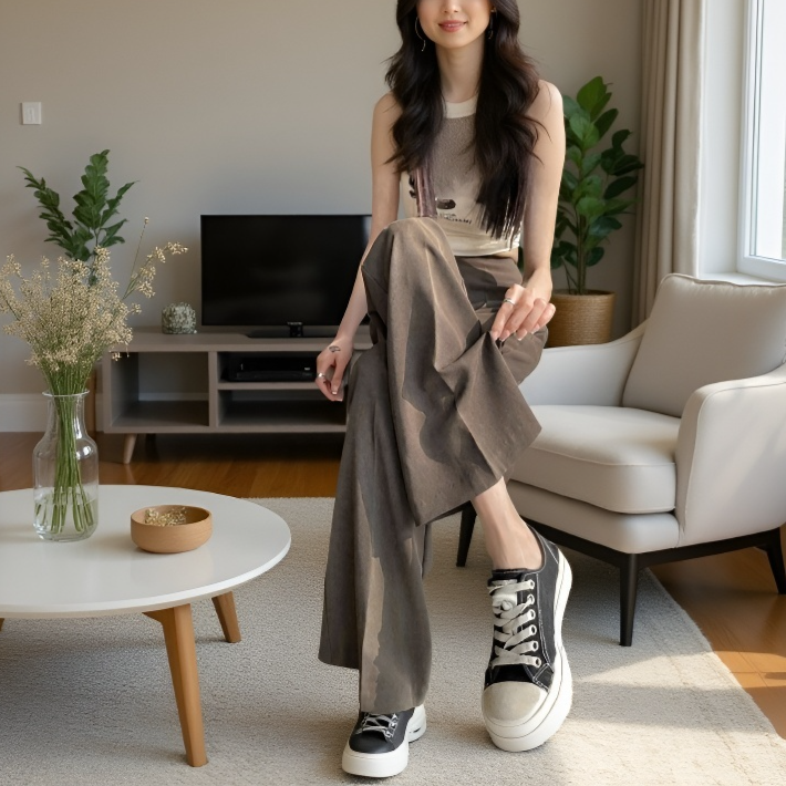 여성 봄가을 작은 키 슬림 와이드 팬츠 처짐 옆 지퍼 정장 팬츠 힙업 일자 팬츠 하이웨스트 캐주얼 팬츠