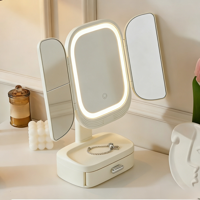 Faltbarer Schminkspiegel mit Beleuchtung und Aufbewahrungsschublade, unverzichtbar für Badezimmer