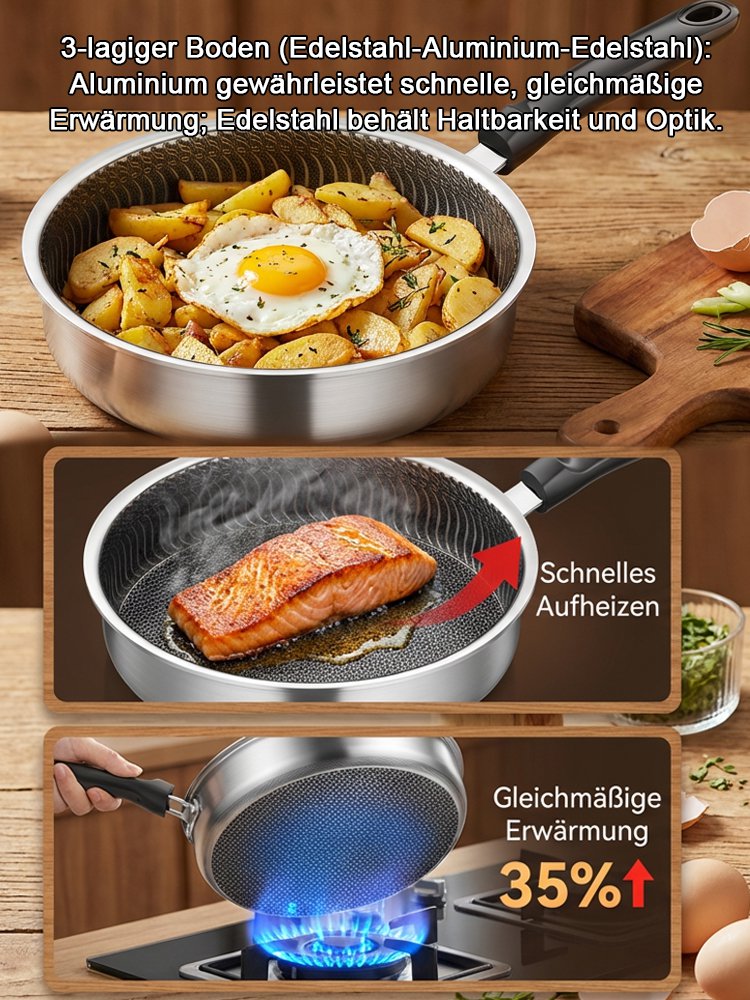 Edelstahlpfanne zum Braten von Eiern und Steaks.