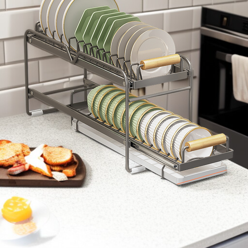 Organizador de platos y tazones de cocina, escurridor ajustable antideslizante