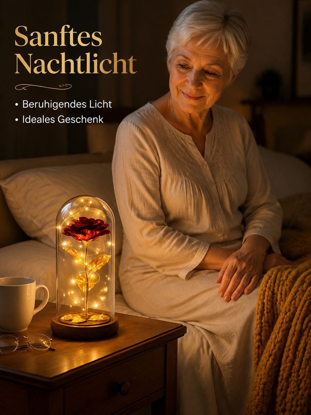 Künstliche Rosenblume unter Glashaube mit Goldfolie, ewige Blume, festliche Dekoration