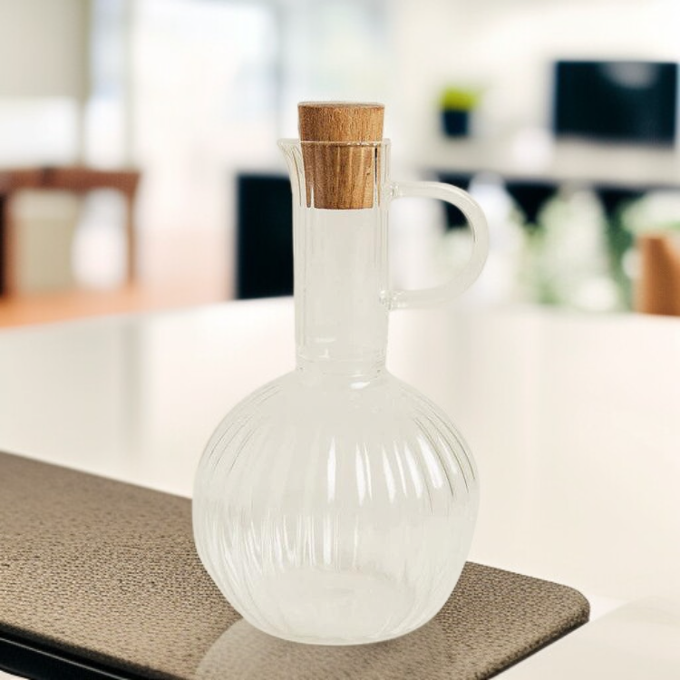 Oil Bottle with Wooden Stopper Kitchen Seasoning Striped Glass Vinegar Soy Sauce Pot