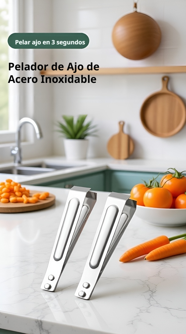 Pelador y prensador de ajo de acero inoxidable en primer plano