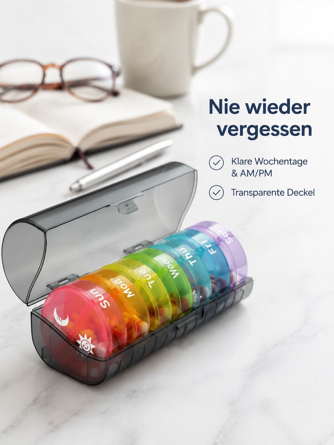 14-Fächer tragbare, abnehmbare, feuchtigkeitsgeschützte Wochen-Pillenbox für morgens und abends
