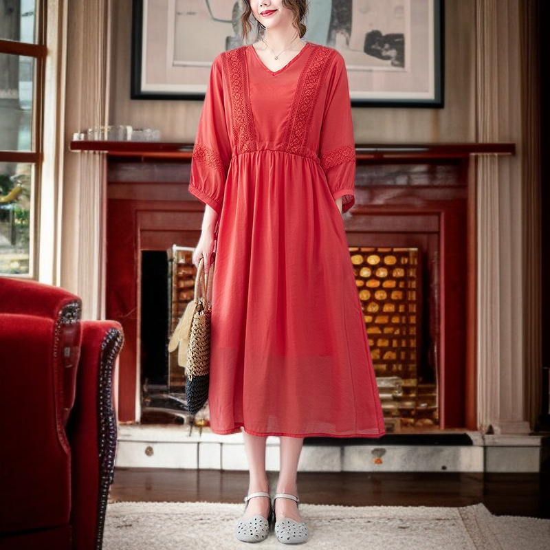 편하고 모던 심플 7부 문예풍 스트랩 원피스 롱 브이넥