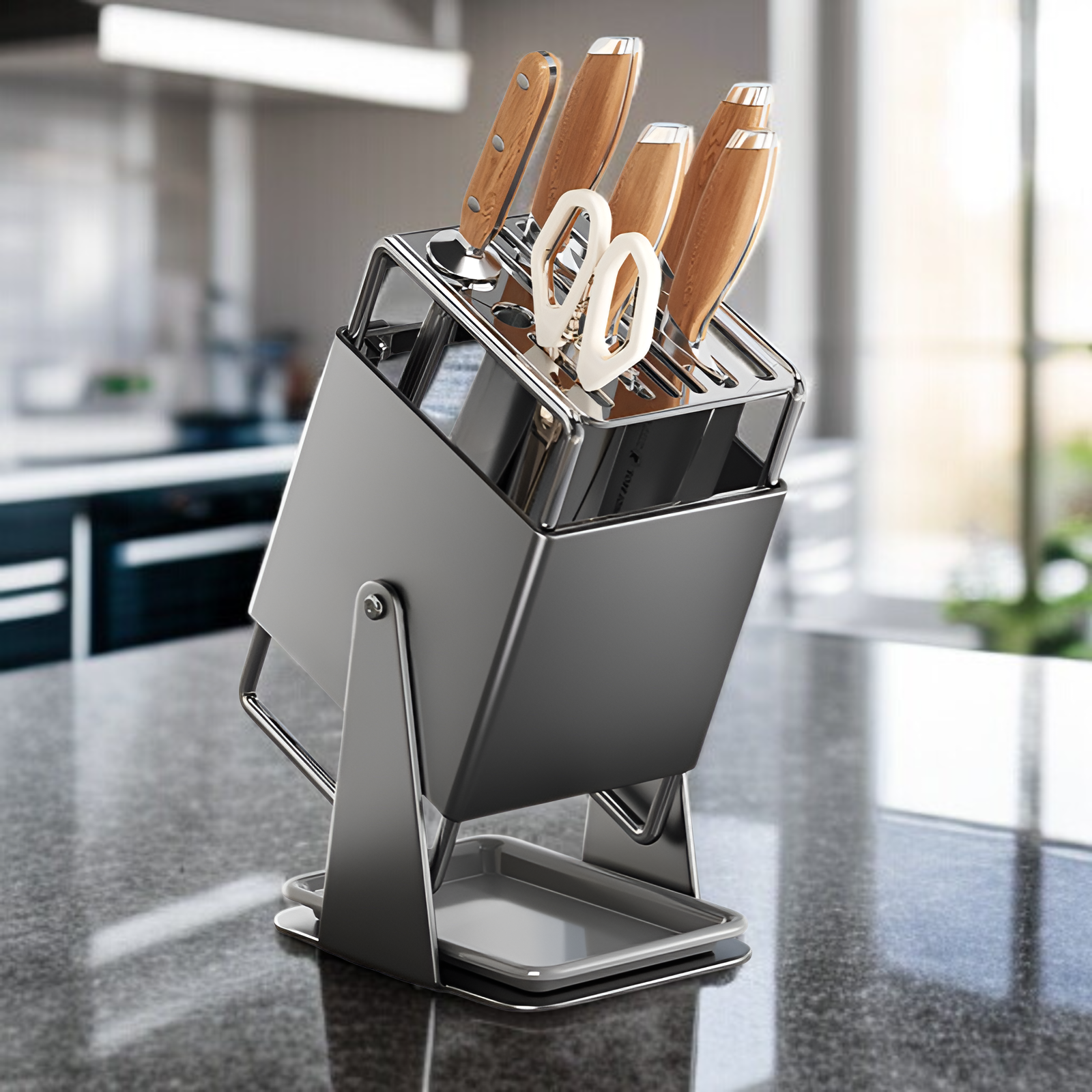 キッチンカウンタートップ回転式ナイフラックオープン家庭用収納ラック水トレイ付き新スタイル収納キッチンナイフラック