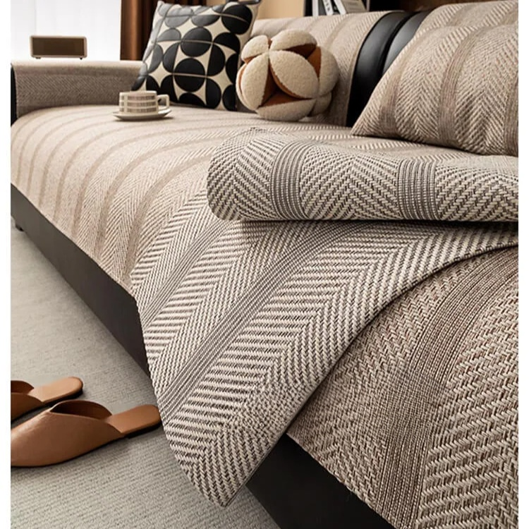 四季用リネン風ヘリンボーン柄ソファマット