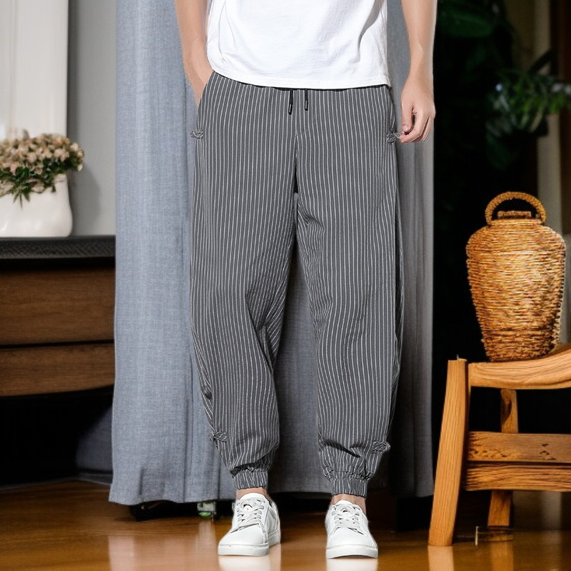 メンズコットン＆リネン ゆったりストライプジョガーパンツ