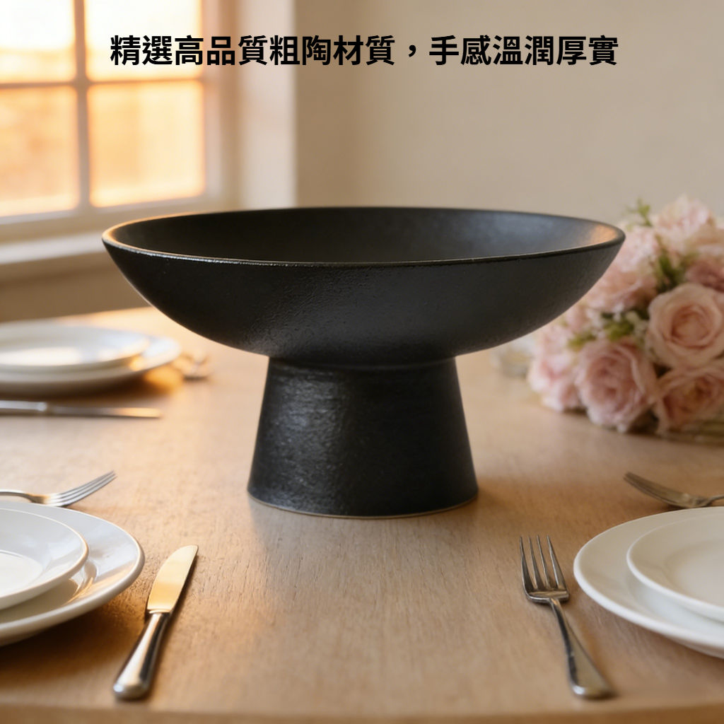 茶點盤陶瓷家用粗陶高腳幹果盤