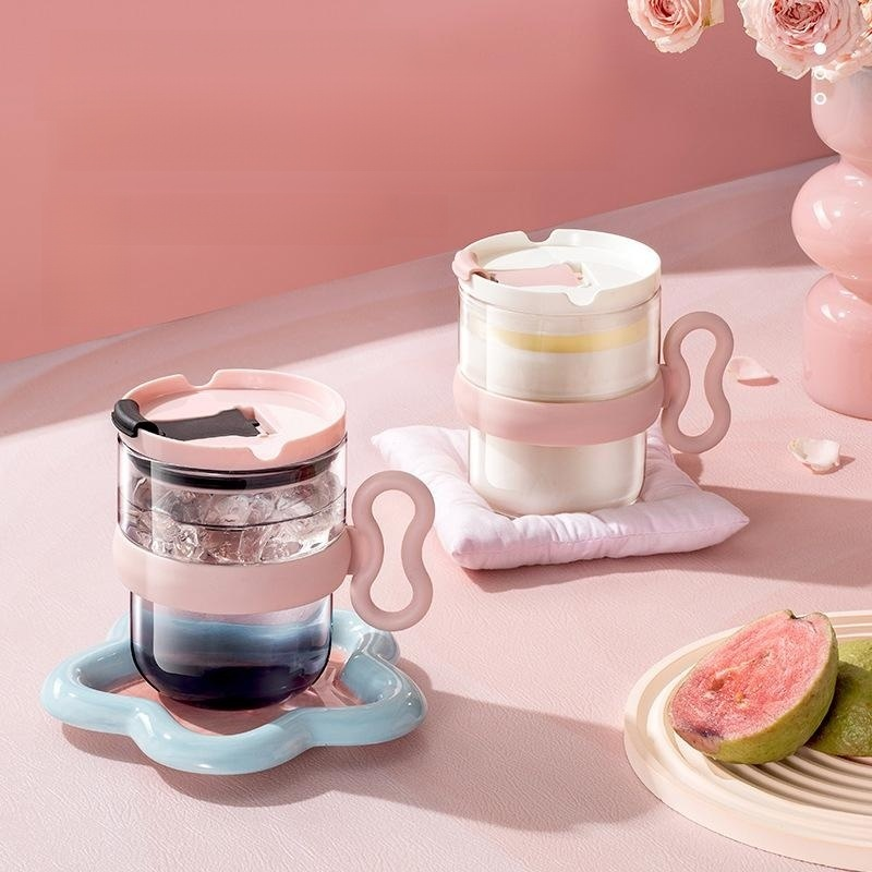 Clear glass cup with handle and lid