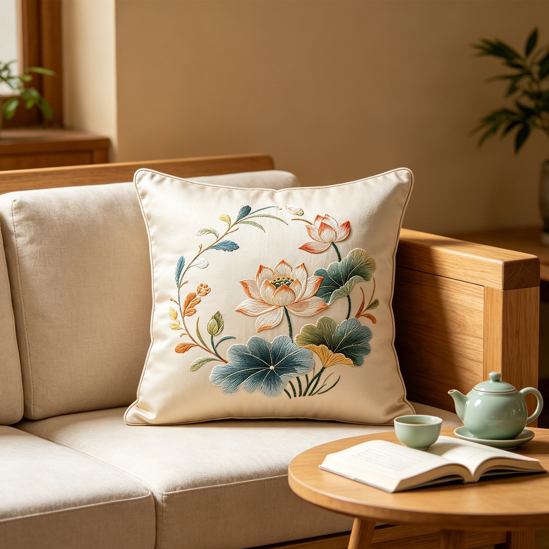 Détail de la broderie sur un coussin décoratif