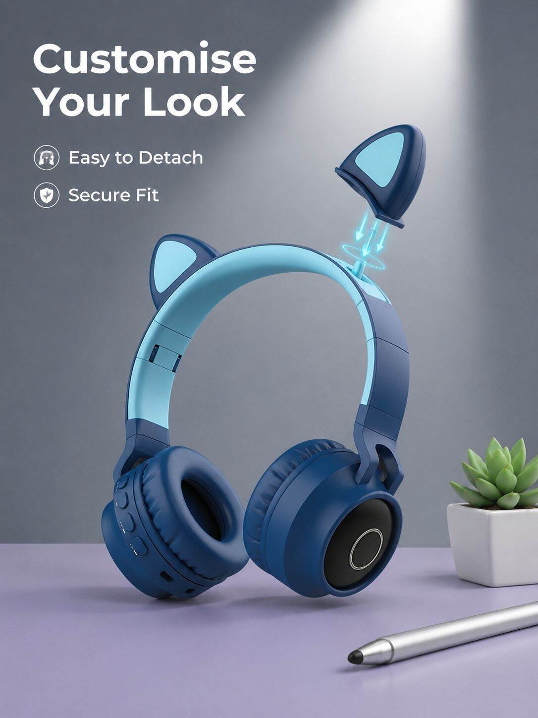 Cute pluggable cat ears light-up wireless Bluetooth headphones