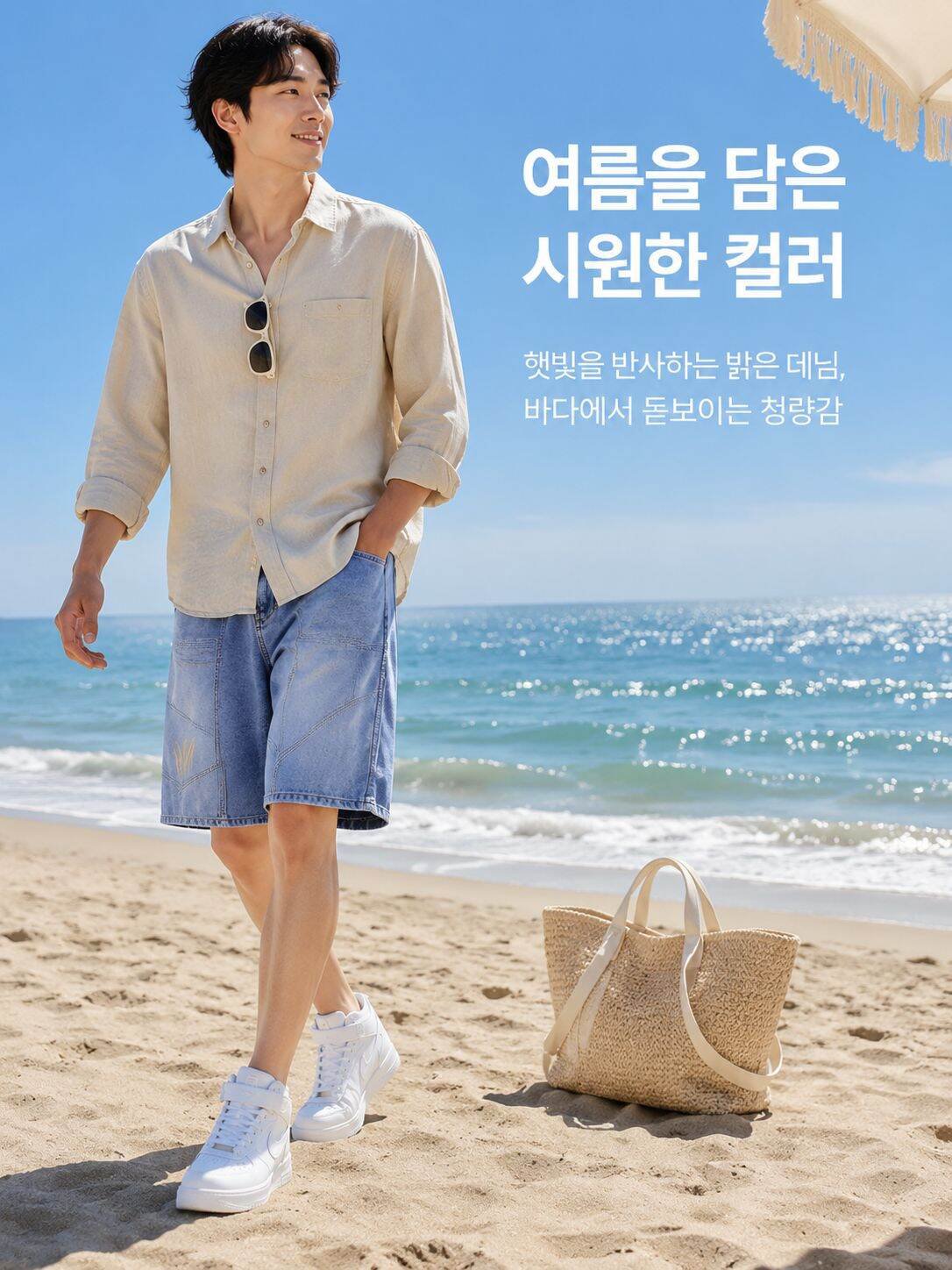 남성용 여름 빈티지 와이드핏 데님 반바지 착용 이미지