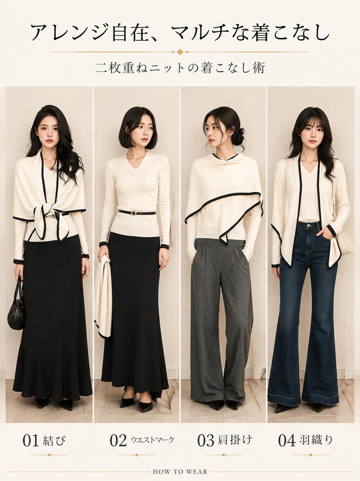 Monolly バイカラーニットショールカーディガン2点セット