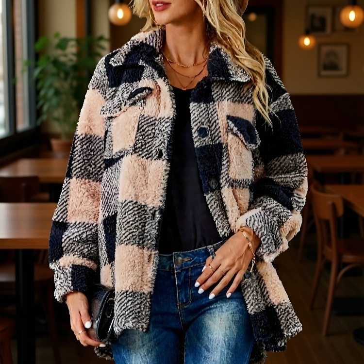 여성 가을 겨울 퍼 코트 버튼 포켓 스웨이드 코트 점퍼 체크 퍼 코트