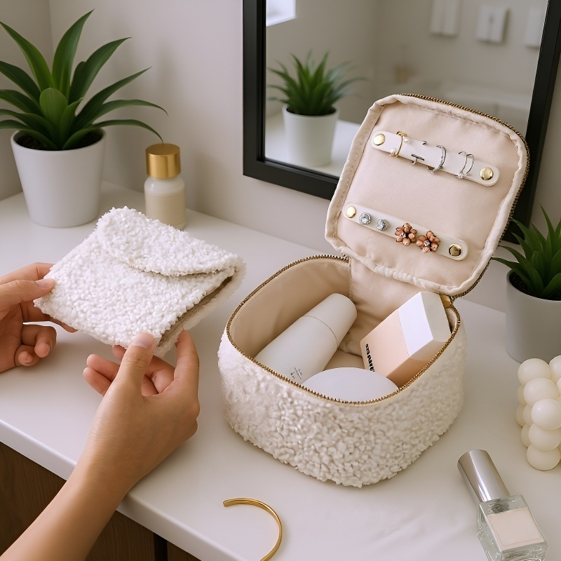 Pudełko na biżuterię z miękkiego baranka – wielofunkcyjna kosmetyczka z pluszu