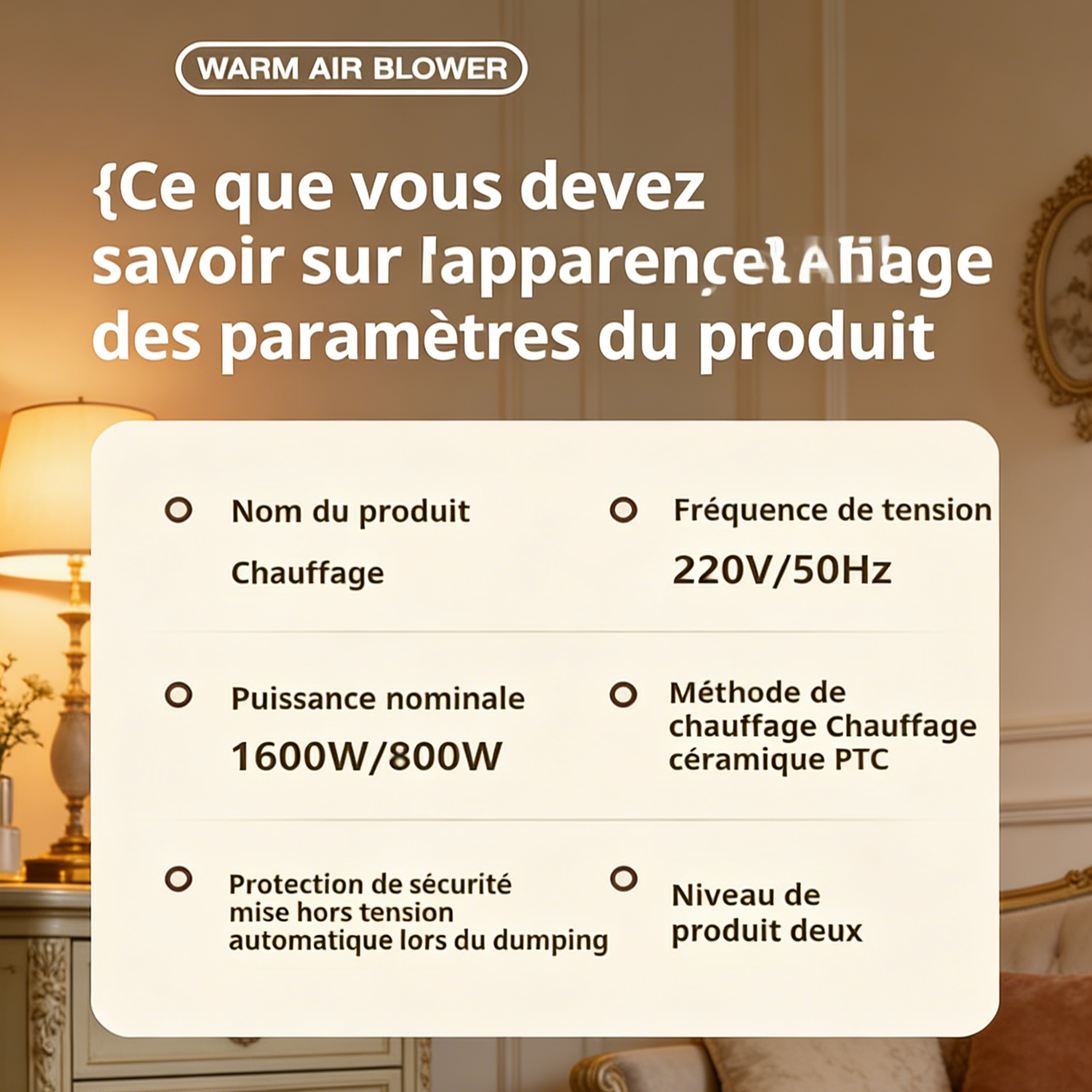 Appareil de chauffage PTC de bureau à télécommande, chauffage rapide, grande puissance pour l’hiver