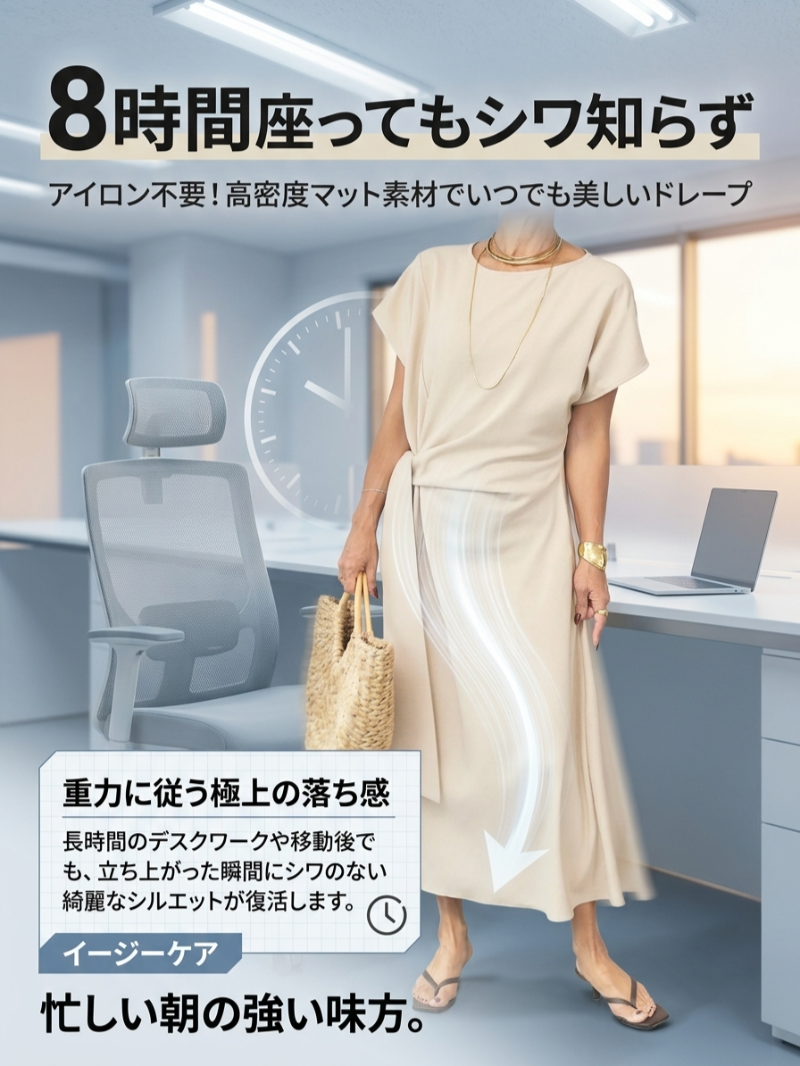 ヘップバーン風ウエスト絞りリボン付きフレンチスリーブワンピース