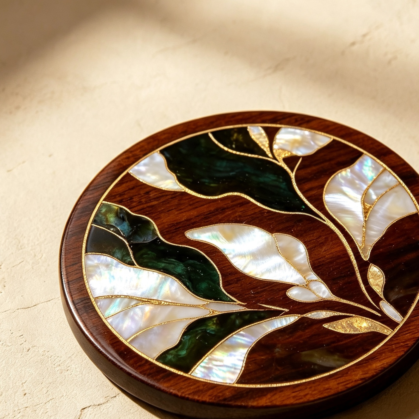Mother-of-pearl inlaid wooden coasters (5 pieces)