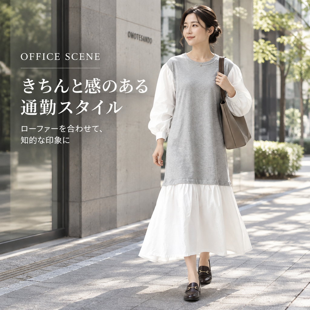日系スタイル配色ベルスリーブワンピース・春秋用