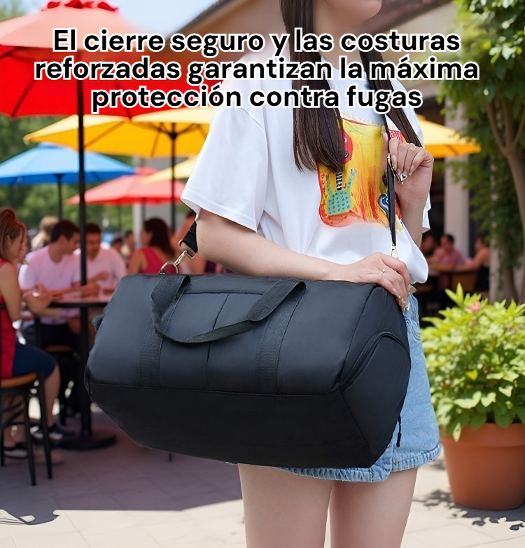 Open travel bag showing wet and dry compartments