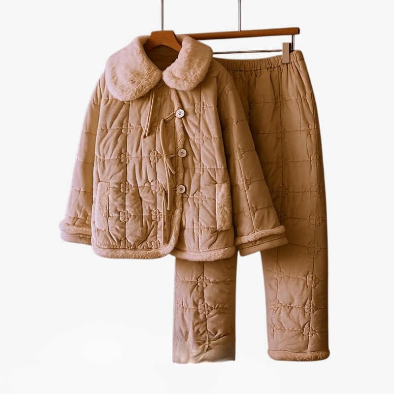 ファーカラーのベージュの厚手の冬用パジャマ、3層キルティングコットンセット、コーラルフリースの暖かいホームウェア