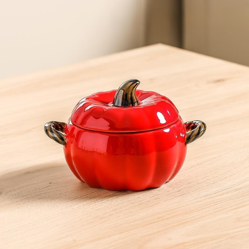 Large Ceramic Pumpkin Soup Bowl with Lid and Double Handles, Anti-scalding for Home Use