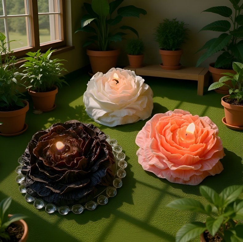 キャンドルの炎と牡丹の花びらのコラボレーション