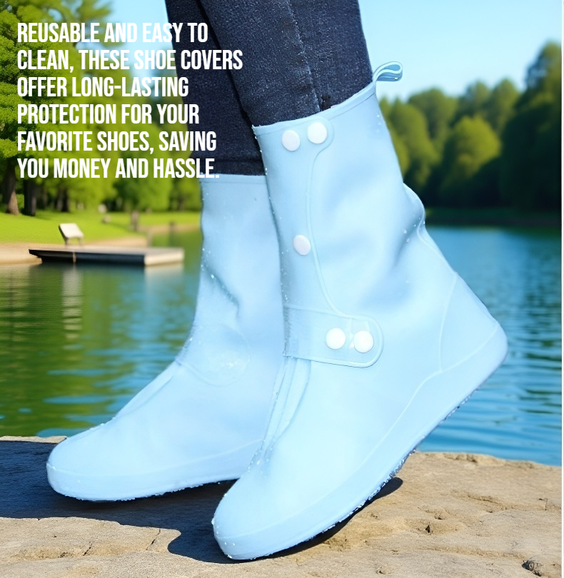 Close-up of waterproof shoe covers in use on rainy pavement
