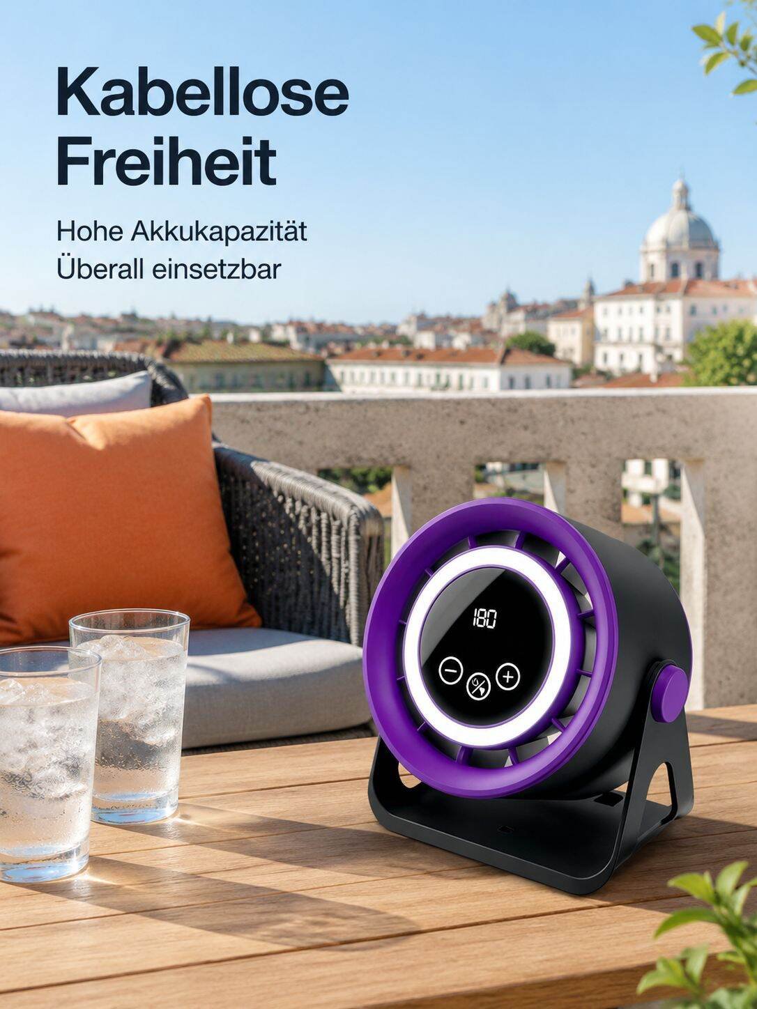 Tischventilator mit Digitalanzeige, leise, starke Windkraft, mit Beleuchtung