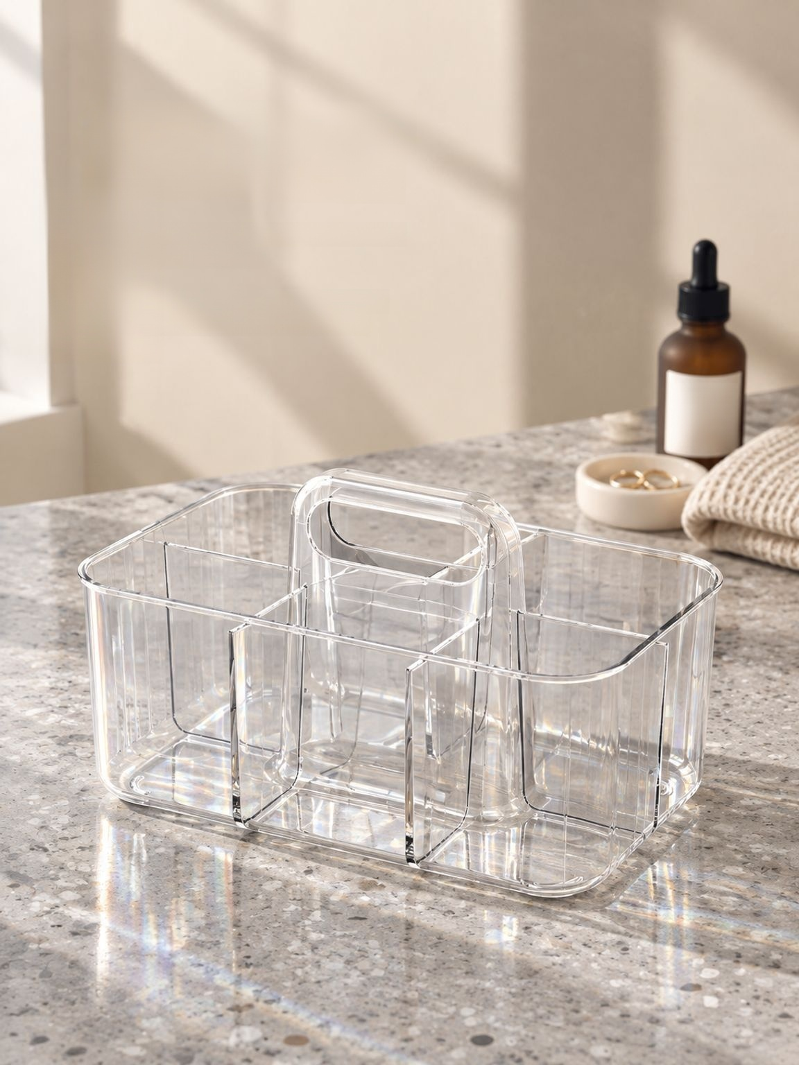 Portable storage caddy with handle for organizing snacks, makeup, and bathroom essentials