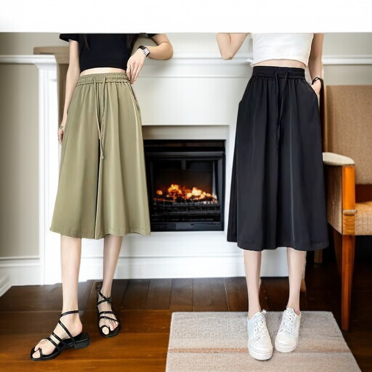 여자 여름 루즈핏 하이웨스트 와이드 치마바지 드롭 스트링 칠부 치마바지