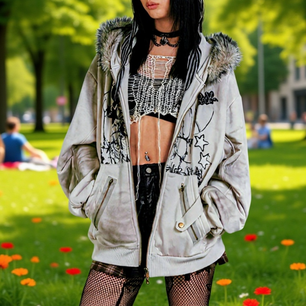 レトロアメリカン うさ耳フードパーカー 裏起毛 プリント入り レディースアウター 秋冬