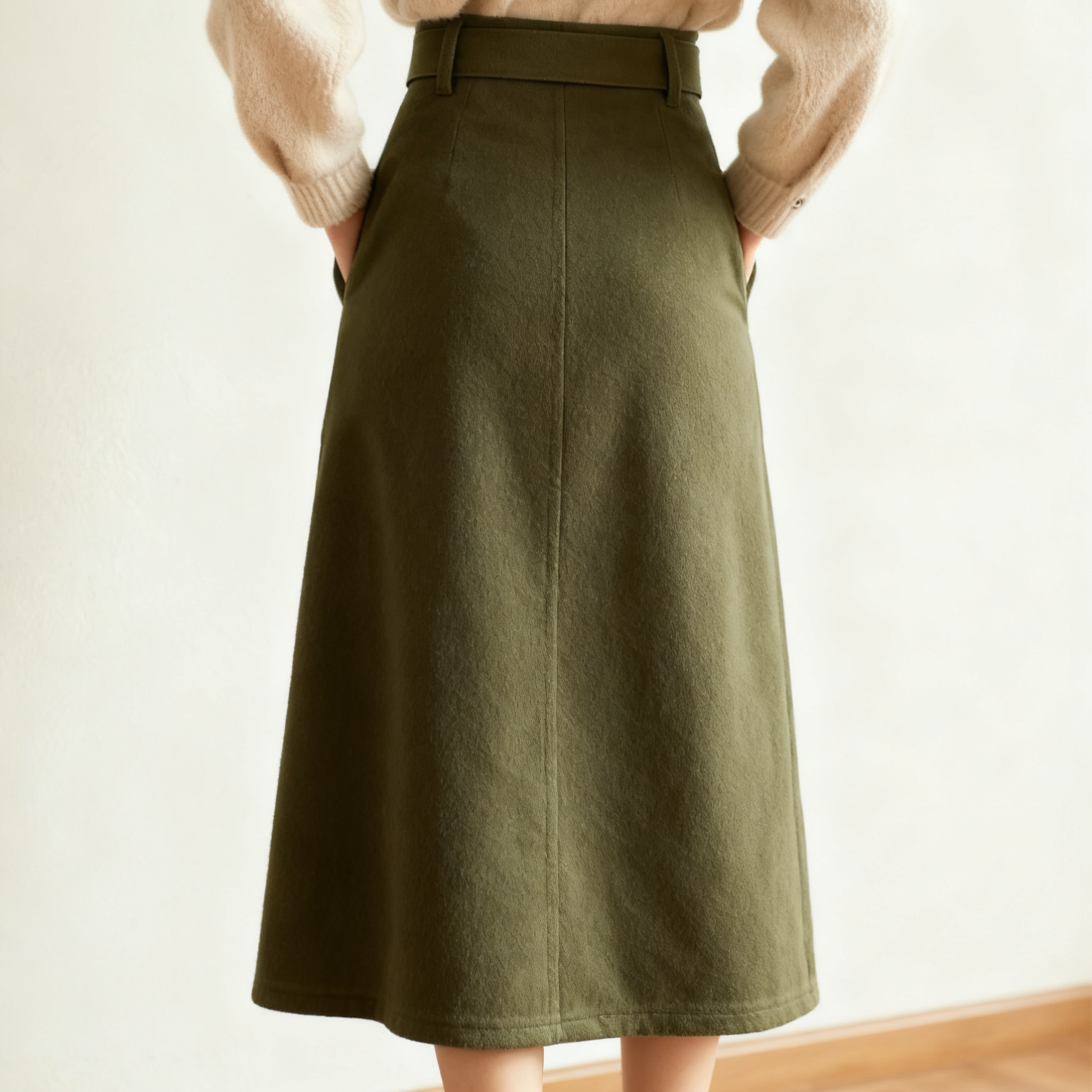 여성용 클래식 카키 울 미디 스커트