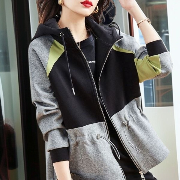 今年人気のレディースジャケット春秋新色マッチング怠惰なフード付きジッパー韓国風ウエスト緩いスウェットシャツ