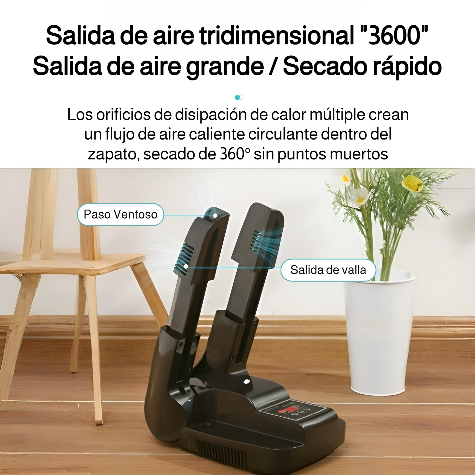 Secador compacto para zapatos mostrando configuraciones ajustables