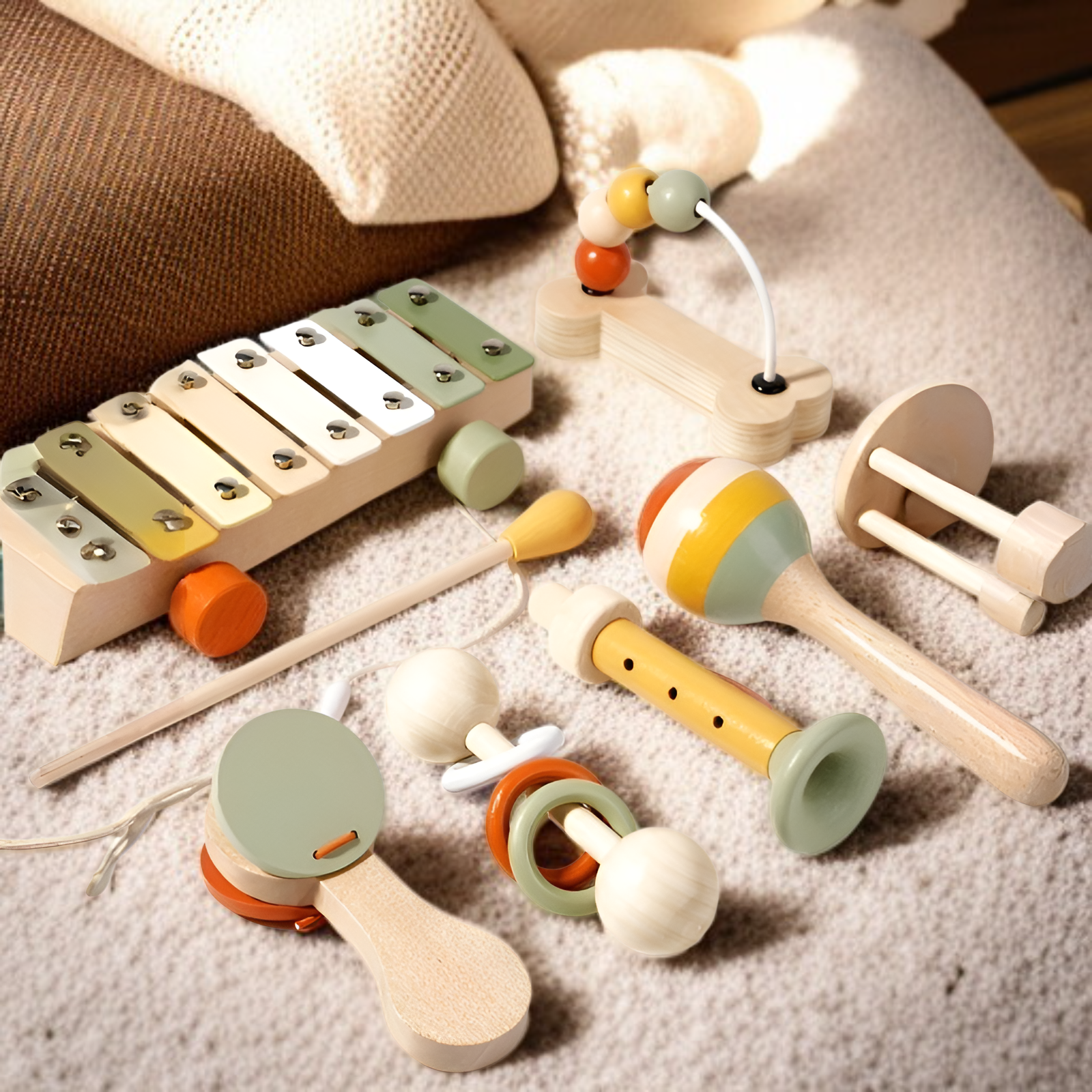 신생아 감각발달 원목 딸랑이, 몬테소리 음악교육 악기, 아기 손근육 발달 장난감